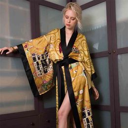 MAISON GABRIELLE Silk Oil Painting Printed Kimono Robe Dressing Gown Peignoir Sleepwear Nightgown Home Suit For Women Loungewear 210831