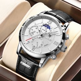 2021 LIGE Watches Mens Top Brand Luxury Clock Casual Leathe 24Hour Moon Phase Men Watch Sport Waterproof Quartz Chronograph+Box ghjg