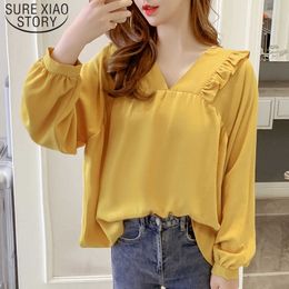 Fashion Doll Collar Chiffon Women Shirts Long Sleeve Autumn Loose V Blouses Tops 6433 50 210527