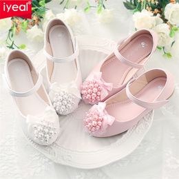 IYEAL Pearls Flower Girls Wedding Leather Shoes New Fashion Kids Dancing Shoes For Party Children Slip On Princess Shoes 210306