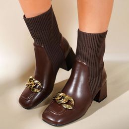 Boots Women's Shoes Autumn 2021 High Heels Fashion Chain Square Toe Sock Pu Leather Knitting Patchwork Brown Women Dress