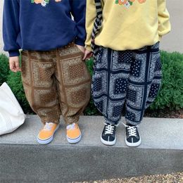 Autumn children fashion retro floral loose harem trousers Boys and girls wide corduroy pants 1-7Y 211224