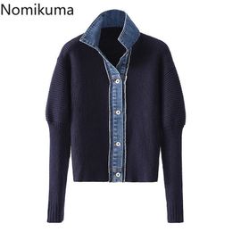 Nomikuma Cardigan Sweater Women Autumn Winter Knitwear Korean Demin Patchwork Knitted Coat Turn-down Collar Jacket 6D340 210914