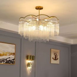 Modern Round LED Crystal Glass Rod Chandeliers Postmodern Simple Pendant Lamps Luxury Suspension Lights For Living Dining Bedroom Restaurant KTV