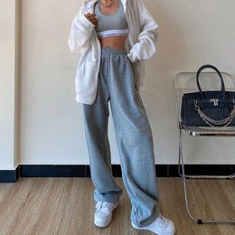 WOMENGAGA Street Knitted Straight Tube Sports Pant's High Waist Drawstring Tie Loose Casual Harem Trousers GDC1 210603
