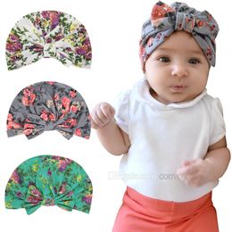 Baby kids floral print hats bunny ear turbon knot caps girl bow beanie Cute flower cotton hat for toddler KBH132