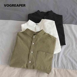 Simple Design Solid Colors Long Sleeve Shirts Korean Fashion Mandarin Collar 100% Cotton White Black Shirt Soft and Comfort 210626