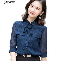 Shirt Women Summer Bow Design Plus Size Half Sleeve Chiffon Blouses Office Ladies Temperament Work Tops 210604