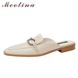 Meotina Mules Shoes Women Genuine Leather Pumps Metal Decoration Low Heels Shoes Square Toe Thick Heel Ladies Footwear Spring 210608