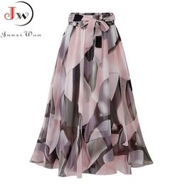 Vintage floral print chiffon skirts women Sprint Summer korean A line Pink streetwear high waist ladies midi skirt 210619