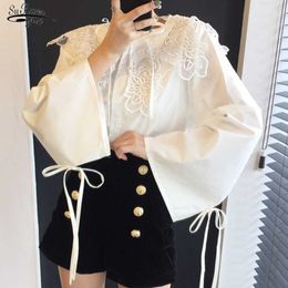 Casual Loose Tops White Blouse Lapel Plus Size Butterfly Sleeve Bow Shirt Fashion Asymmetrical Hem Shirts Women Appliques 13107 210527