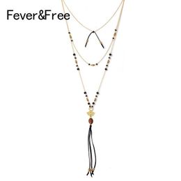 Pendant Necklaces Fever&Free Boho Gold Chain Glass Beads Fringe Tassel Necklace For Women Multilayer Collar Bohemia Jewellery Gift Wholesale