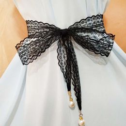 Belts Fashion Black Lace Women Pearl Hollow Printing Girdle Wedding Dress Wide Lady Waistband Decoration Cummerbunds KT127