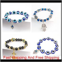 Fatima Hand Hamsa Bracelet Jewellery Women Man Gold Silver Colour Fashion Blue Devil Evil Eye Plam Bell Beaded Anchor Charm Bracelets For B6Kah