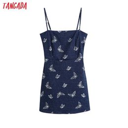 Tangada Fashion Women Print Cute Blue Denim Dress Strap Adjust Vintage Sleeveless Ladies Mini Dress BE967 210609