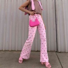 Red Heart Print High Waist Sweet Female Long Flare Pink Chic Pants For Women Bottoms Harajuku Aesthetic Slim Fitness Trousers 210915