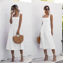 Women Long Dress Summer Sexy Backless Casual White Black Ruched Slip Midi Sundresses Ladies Spaghetti Strap Vestido Clothes 210316