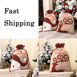 Christmas Candy Bag Lovely Reindeer Handbag Linen Plaid Santa Sack Edge Drawstring Bags Festival Party Decoration