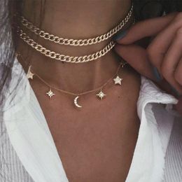 Pendant Necklaces Star Full Zircon Moon For Women Multi-Layer Clavicle Chains Jewellery Accessories Collares Kpop