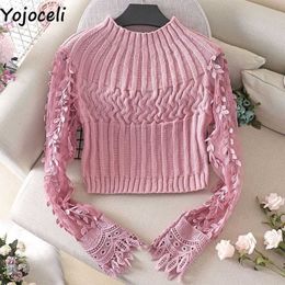 Yojoceli Sexy lace sleeve knitted women sweater Autumn party casual daily kintted jumper Winter white pullover 210609