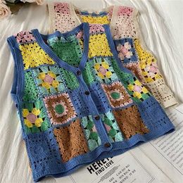 Bohemian Floral Embroidery Crochet Vest Women Sleeveless Waistcoat Summer Knit Vests Crop Top Vintage Chaleco Mujer 211120