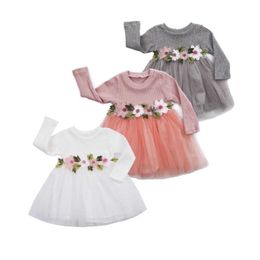 Pretty Toddler Kids Baby Girl Princess Dress Long Sleeve O-Neck Floral Belt Lace Tutu Sweater Dress Outfit Fall Winter Party Q0716
