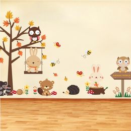 Forest Owl Butterfly Swing Rabbit Squirrel Wall Stickers Animal Tree For Kids Rooms Children Baby Nursery Rooms Home Decor 210308