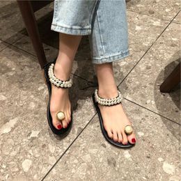 designer Summer Women's Sandals Fashion Diamond Pearl Word Buckle Strap Korean Flat Bottom Wild Casual Beach Shoes