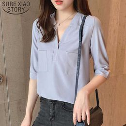 Summer Chiffon Women Shirts V-neck Loose Half Sleeve Sunscreen Shirt Tops Women Solid Slim Women Blouses Plus Size 6949 50 210527