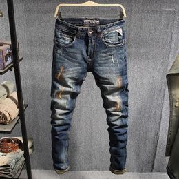 Men's Jeans Italian Style Fashion Men Retro Blue Patchwork Ripped Cotton Denim Pants Streetwear Vintage Designer Homme1