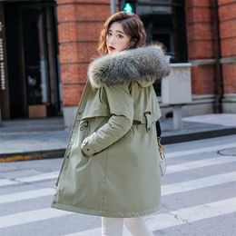 Winter Jacket Coat Women Thicken Warm Casual Long Parkas Fur Lining Pockets Cotton Collar Hooded Mujer 211008