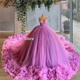 Ball Gown Evening Dresses Dubai Saudi Arabia Couture Beads Red Capret Dresses Princess Turkish Robes Ruffles Tulle Sweep Train Prom Dresses