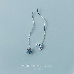 Classic Long Chain Tassel Drop Earrings For Women Genuine 925 Sterling Silver Clear Blue Crystal Stars Moon Jewellery Gift 210707