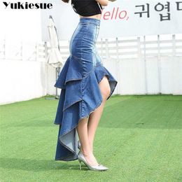 Lady Long Denim Skirt High Waist Gradient Tassel Jeans Trumpet Cool Fish Tail Mermaid Bohemian Maxi Skirts mermaid skirts female 210608