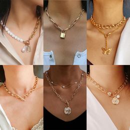 thick silver choker UK - Pendant Necklaces Lock Necklace For Women Twist Gold Silver Color Chain Party Jewelry Cuban Multilayered Chunky Thick Choker