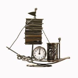 Navigation Table Clock Desktop Sailing Metal Clock Bronze Light Classic Home Decor Metal Retro Pen Holder Clock Figurines Y200407