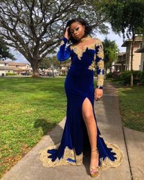 Prom Dresses 2021 Velvet Mermaid Long Sleeves High Neck Gold Appliques Split Plus Size Women Formal Evening Party Gowns