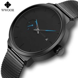 WWOOR Fashion Mens Watches Top Brand Luxury Ultra Thin Quartz Wristwatch Casual Mesh Steel Waterproof Sports Clocks Reloj Hombre 210527