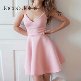 Jocoo Jolee Summer Elegant Sling A Line Dress Women Casual V Neck Solid Mini Dress High Waist Evening Party Dress Plus Size 210619