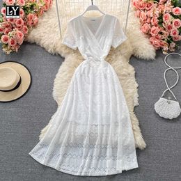 LY VAREY LIN Summer Office Lady Elegant Lace V-neckhigh Waist Dresses Women Sweet Short Sleeve Solid Colour Slim A-line Dress 210526