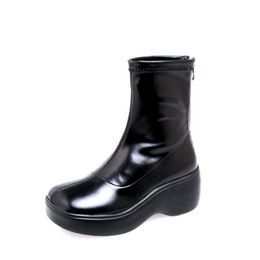 Women Short Boots Real Leather Thick Bottom Platform Mid Calf Boots Ladies Fashion Woman Shoes Footwear Size 34-39