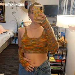 HEYounGIRL Summer Sleeveless Knitted Crop Top T Shirt with Sleeves Tie Dye Print Y2K 90s Fashion T-shirt Women 2021 Streetwear Y0621