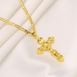 Womens Mens Cross Pendant 22k Yellow Solid Fine Gold FINISH Jesus Crucifix wide Italian Figaro Link Chain Necklace 24" 3mm