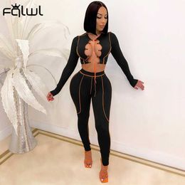 FQLWL Women Sexy Bodycon 2 Piece Set Outfits Lace Up Crop Top And Leggings Set 2021 Ladies Black Party Club Matching Sets Female Y0625