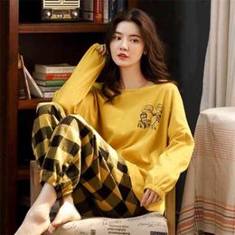 Women Cotton Pajamas Set Cute Cartoon Homewear Home Clothes Lounge Wear Autumn Long Sleeve Female Sleepwear 210830