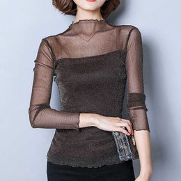 Hollow Out Women Spring Autumn Style Lace Blouses Shirts Casual Long Sleeve Patchwork Spliced Turtleneck Blusas Tops DF1488 210609