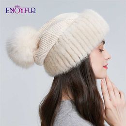 ENJOYFUR winter mink fur knitted wool hats for women pompom slouchy beanies fashion warm style caps youth 211229