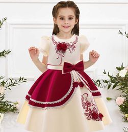 2021 Vintage Embroidery Flower Kids Dress For Girl Children Clothes Prom Party Short Sleeve Princess Dresses Girls Gown Vestido Q0716