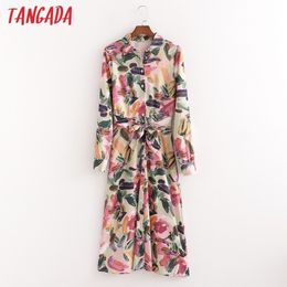 Tangada 2021 Spring Fashion Vintage Women Print Shirt Dress Long Sleeve Office Ladies Midi Dress with Slash 1D81 210316