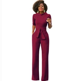 Womens Jumpsuits Rompers Jumps Elegant Office Work Wear Business Formal 2021 Women Half Sleeve Pockets Wide Leg Pants Romper Fashion Over